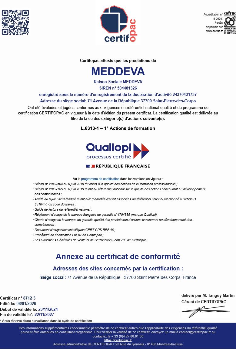 Image du certificat QUALIOPI de MEDDEVA valide jusqu'en novembre 2027